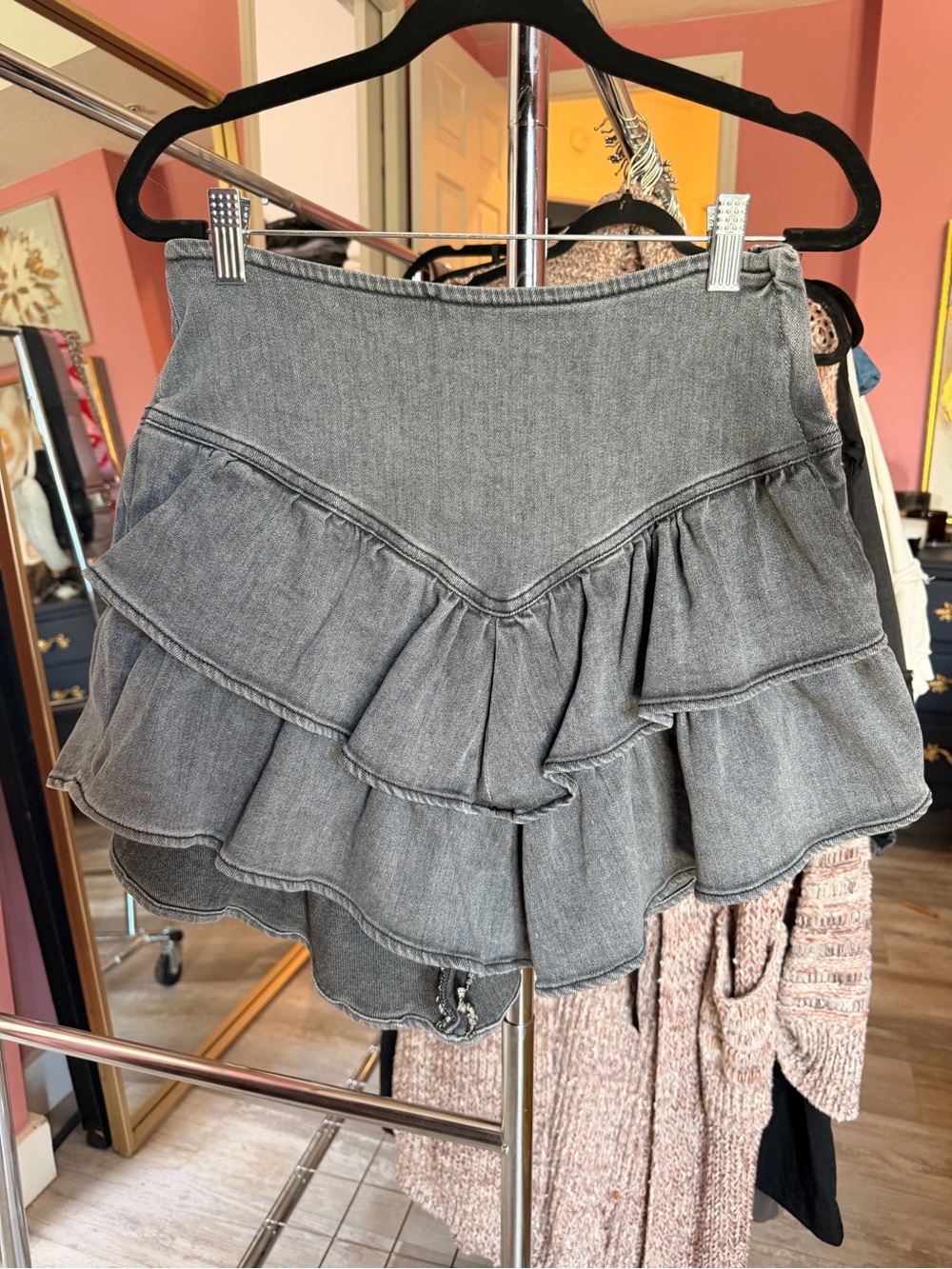 MOTHER Gray Asymmetrical Ruffled Denim Skirt. Size 27. NEVER WORN!